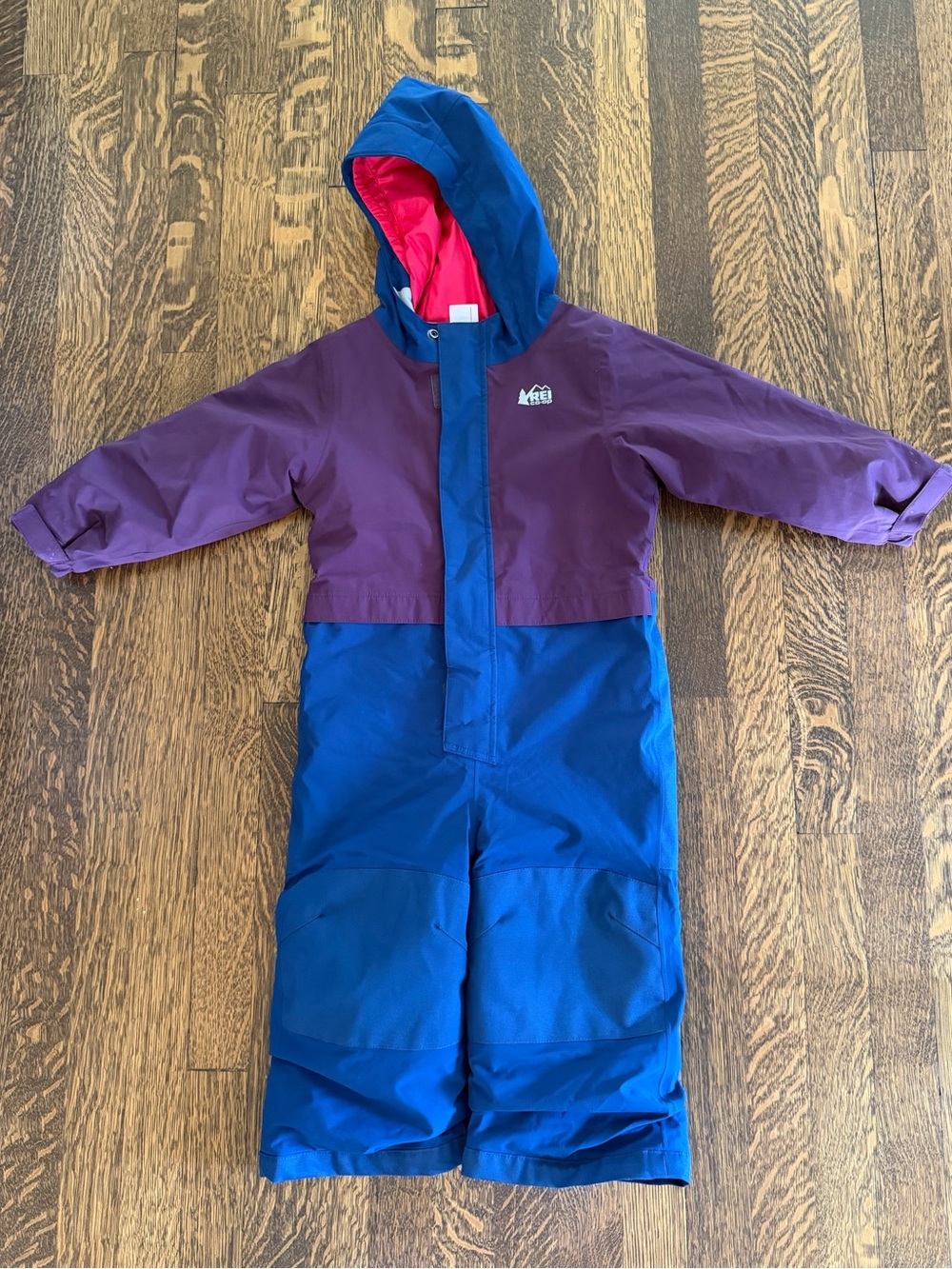 REI Co-op Rainier Rainsuit Toddler 3T Purple Blue Colorblock Hooded One-Piece